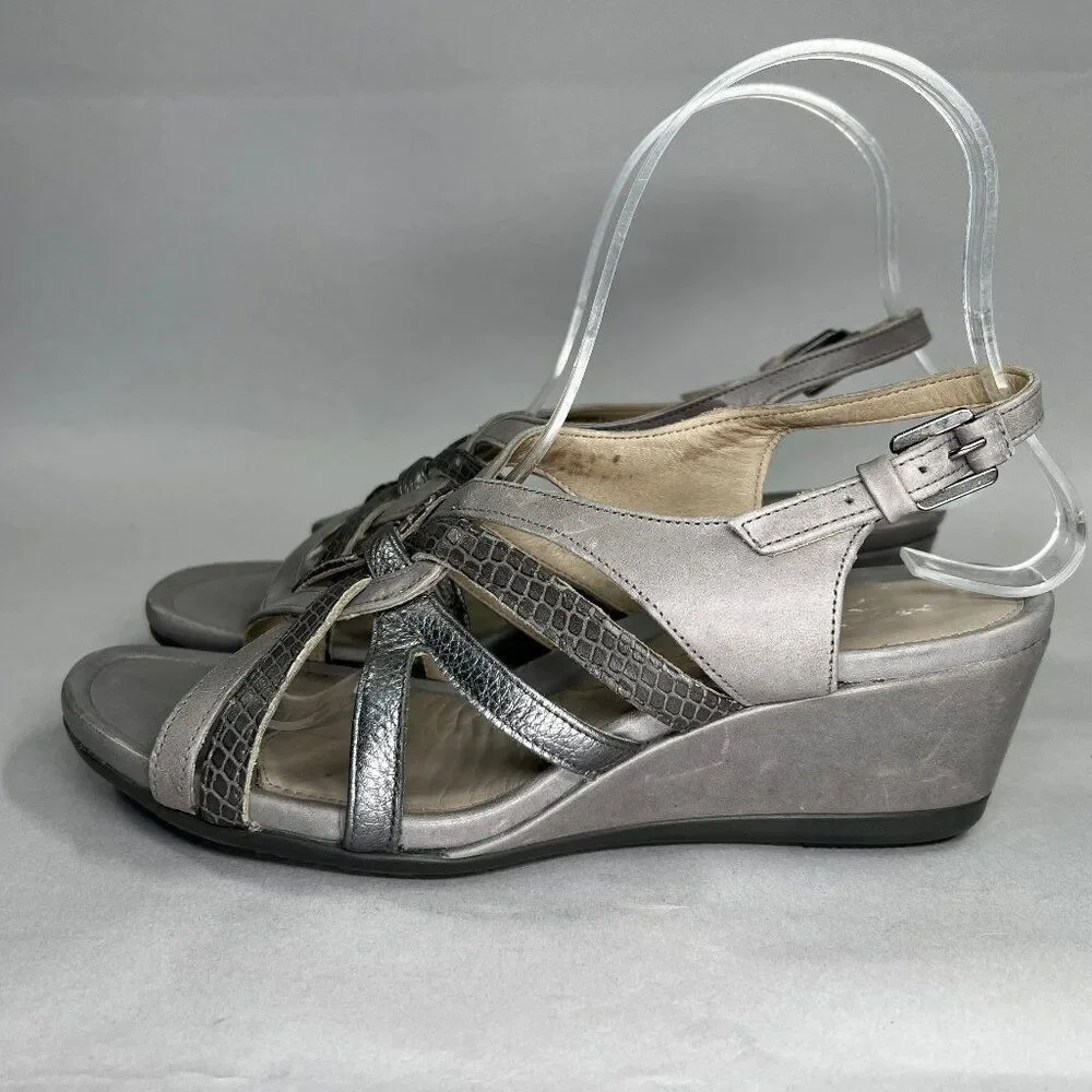 Ecco Sandals Women's‎ Size 6.5 Gray & SIlver Leather Wedge Buckle Sandals
